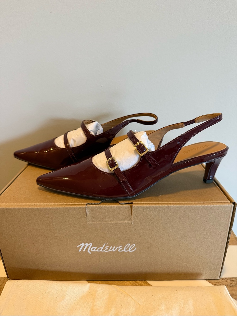 Madewell Women's Burgundy Pointed Patent Leather Slingback Heels / Size 9 - Picture 2 of 10